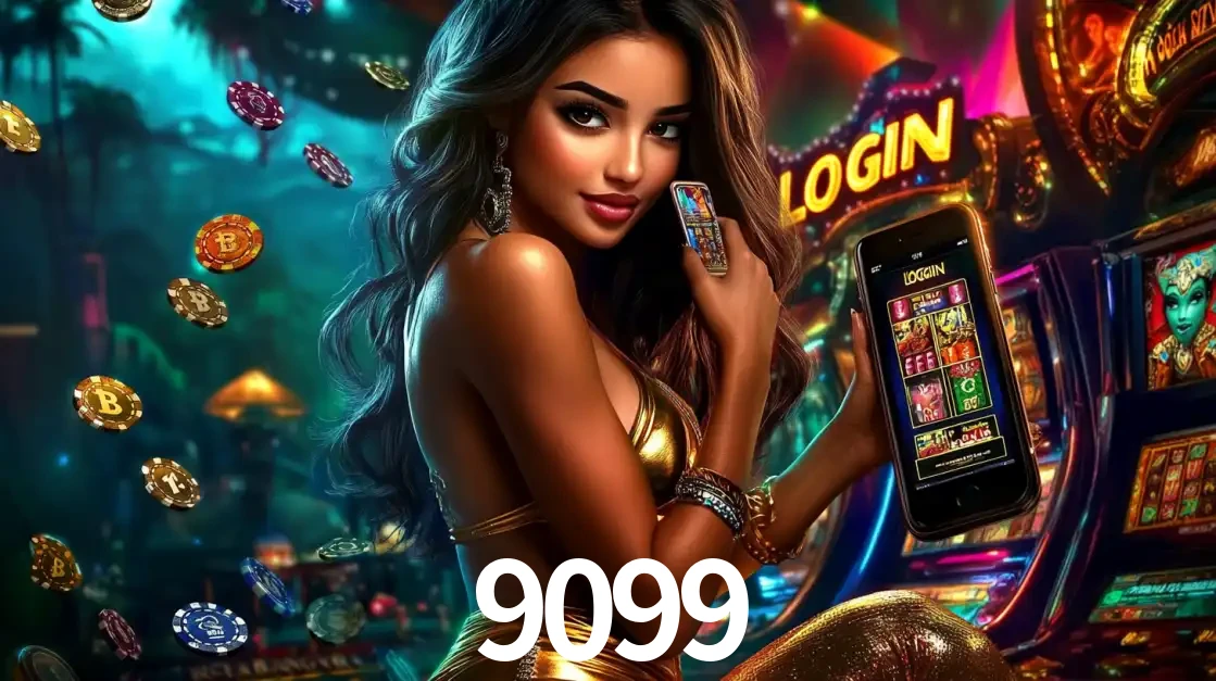 Mulher em um cenário de cassino temático de aventura, mostrando o app de caça-níqueis da 9099 no celular. Fichas de apostas flutuam ao redor.
