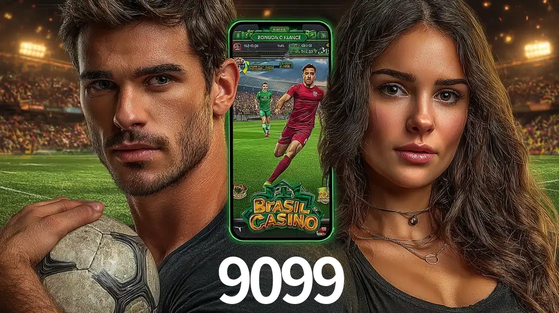 Homem segurando uma bola de futebol e uma mulher ao lado de um smartphone exibindo o jogo de apostas esportivas da 9099. Faça seu palpite no cassino online.